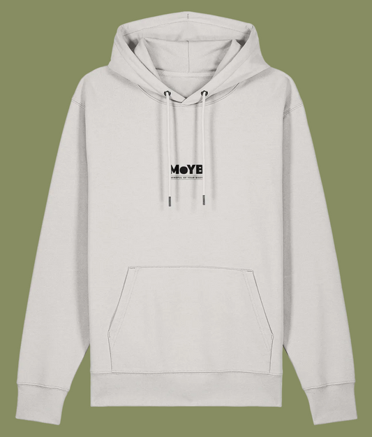 An off white pullover hoodie with a black 'MoYB' logo printed on the chest.