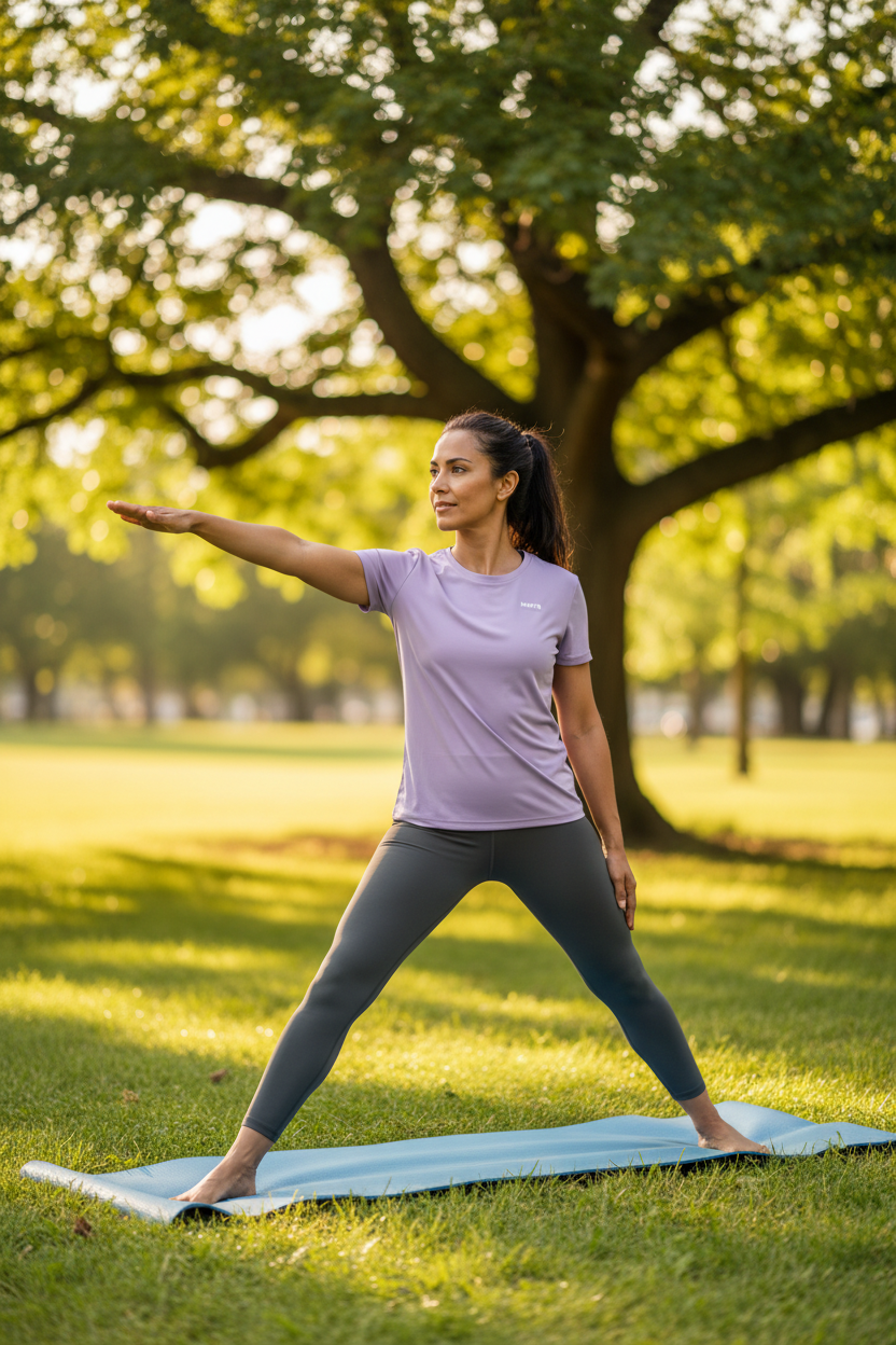 Mixed race woman in yoga pose wearing MoYB Lilac Performance Tee