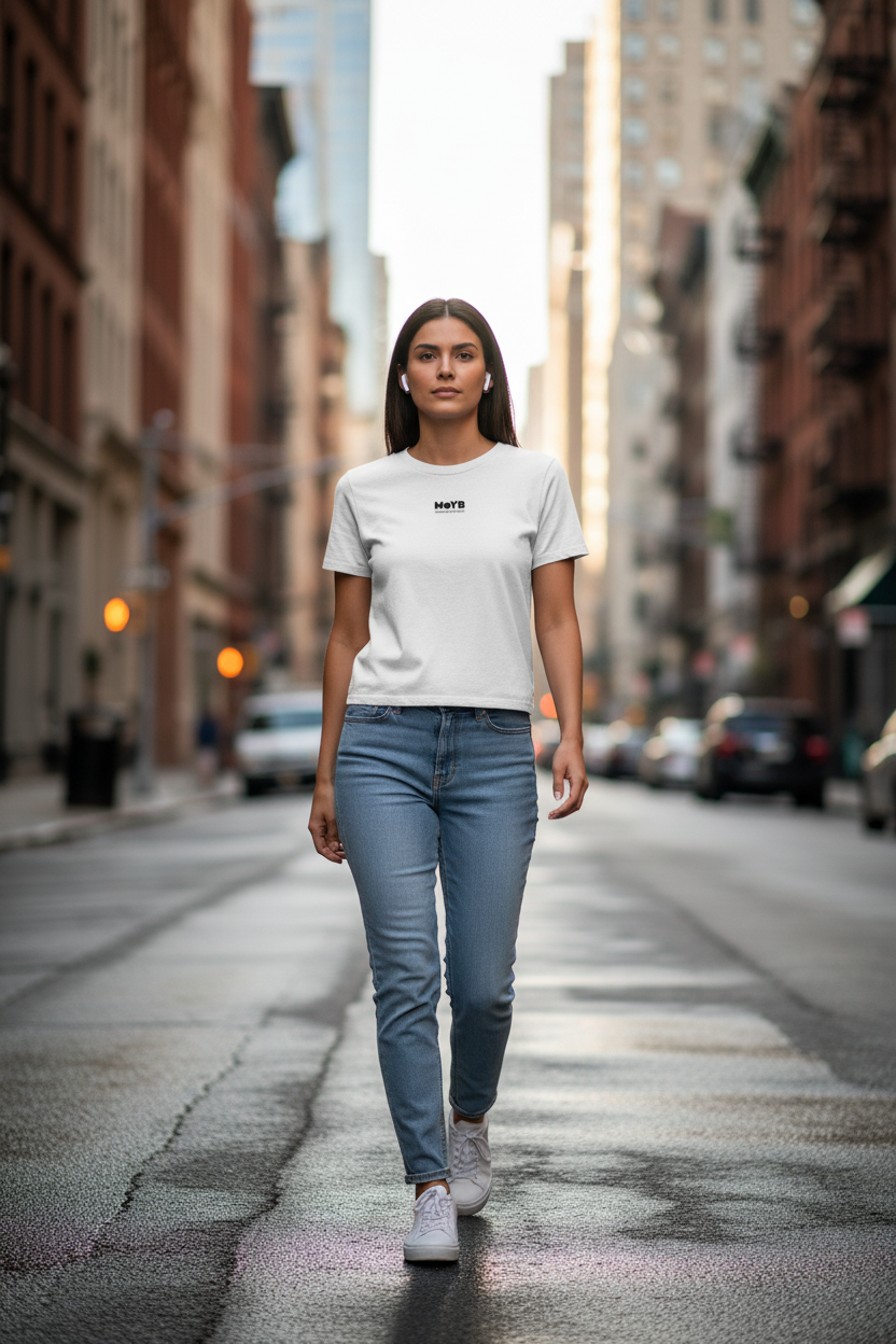 Woman on morning city walk in MoYB Women's Everyday White Tee