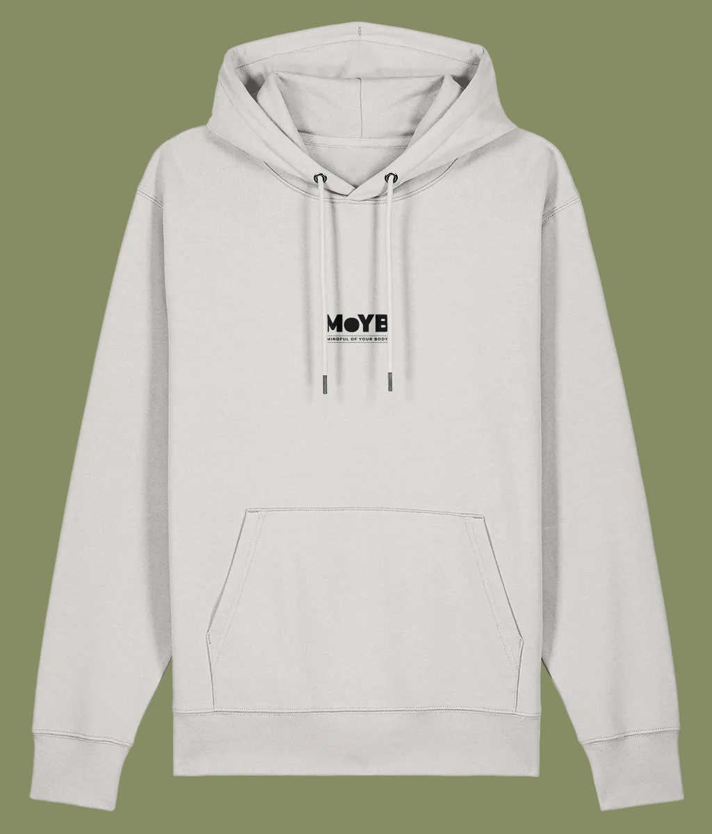 An off white pullover hoodie with a black 'MoYB' logo printed on the chest.