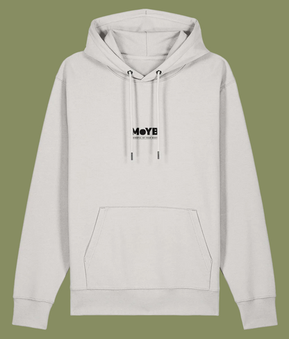 An off white pullover hoodie with a black 'MoYB' logo printed on the chest.