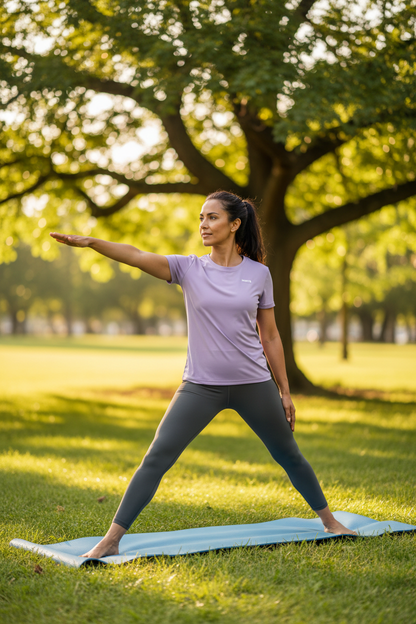 Mixed race woman in yoga pose wearing MoYB Lilac Performance Tee