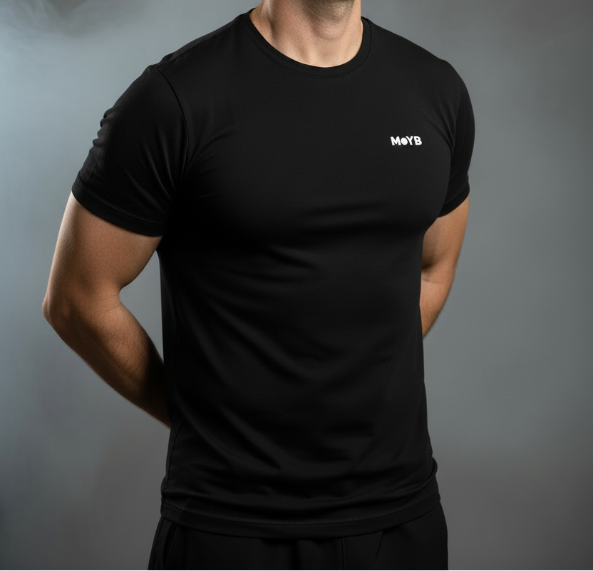 MoYB Men's Performance Tee Black — Facing Right, Full Logo
