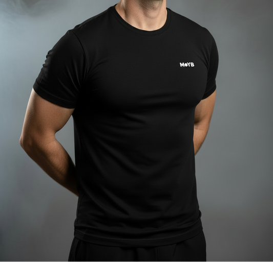MoYB Men's Performance Tee Black — Facing Right, Full Logo
