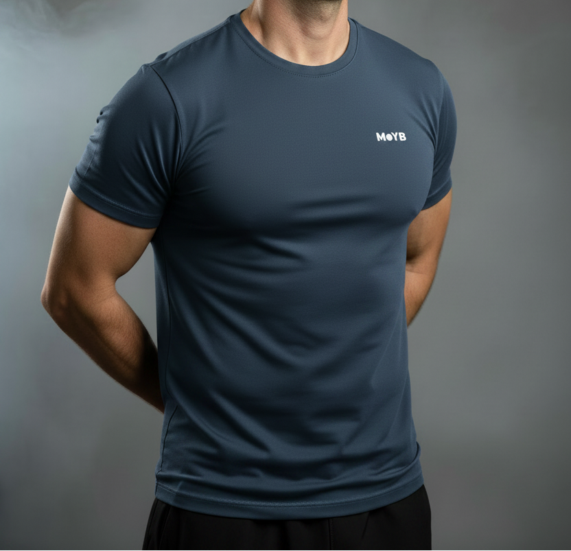 MoYB Men's Performance Tee Blue Steel — Torso Lifestyle Shot
