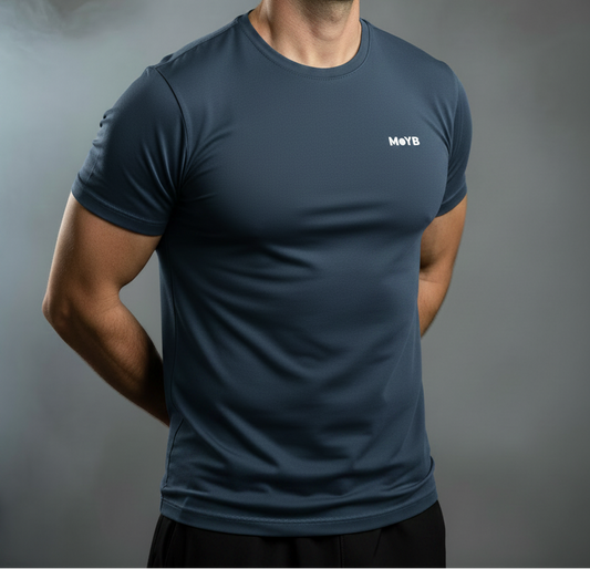 MoYB Men's Performance Tee Blue Steel — Torso Lifestyle Shot