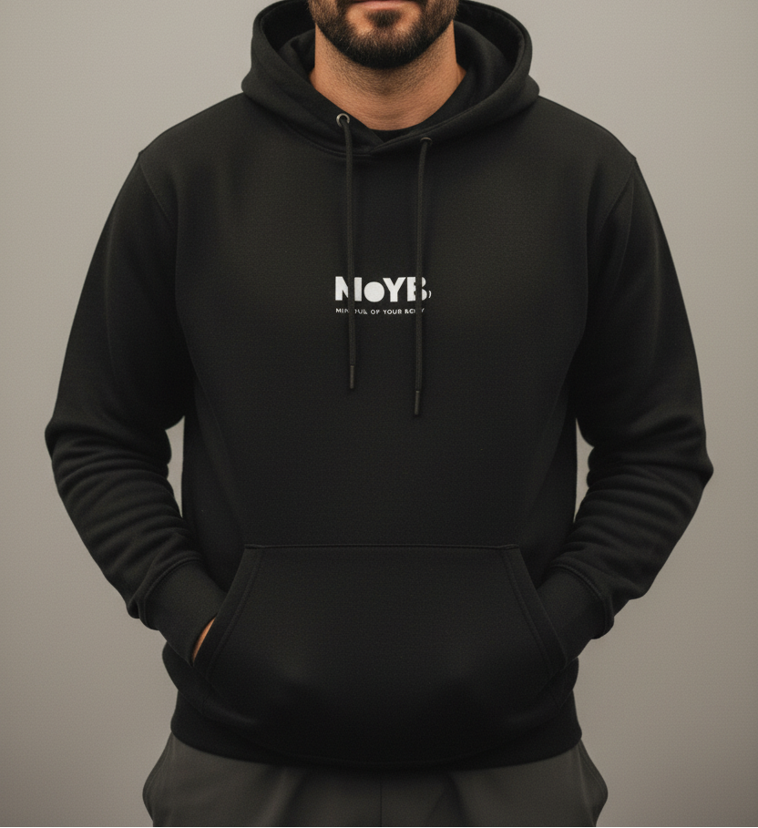 MoYB Mindful Hoodie Black — Torso Lifestyle Shot