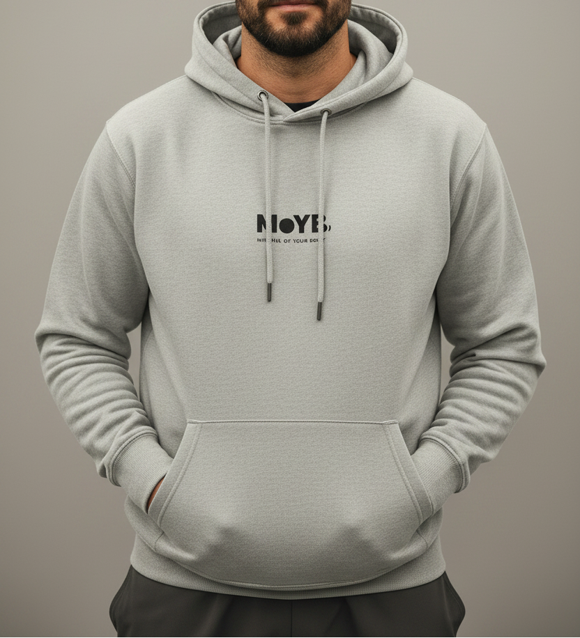 MoYB Mindful Hoodie Heather Grey — Torso Lifestyle Shot