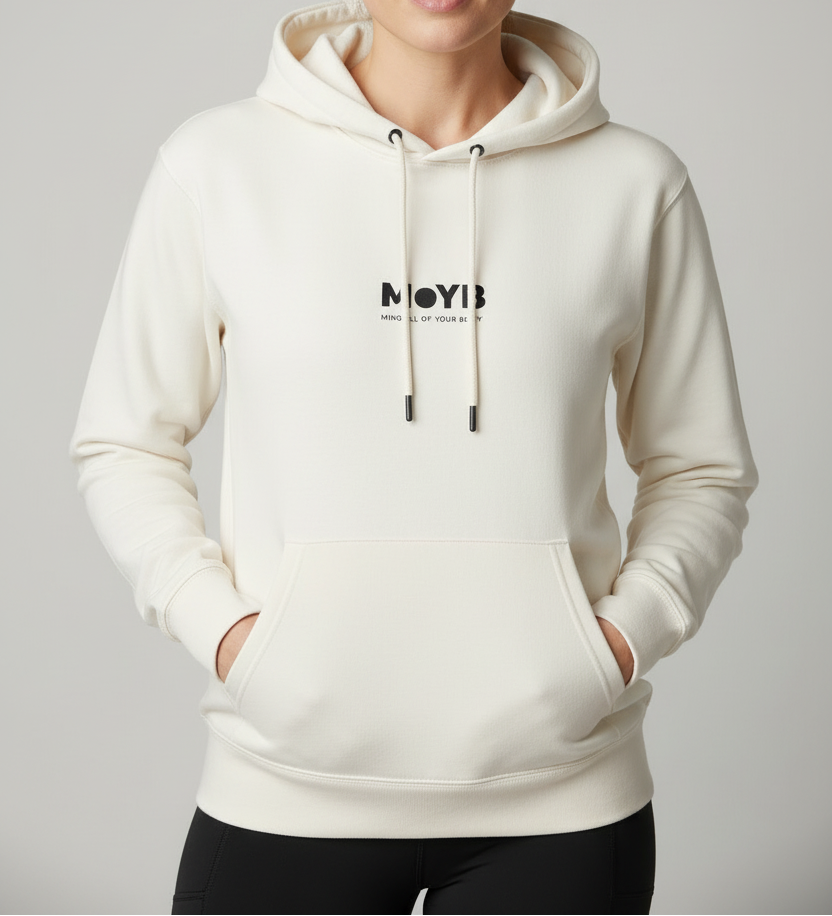 MoYB Mindful Hoodie Off White — Women's Torso Lifestyle Shot