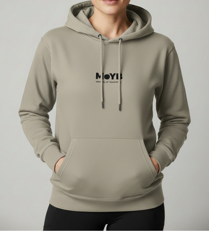 MoYB Mindful Hoodie Stone — Women's Torso Lifestyle Shot