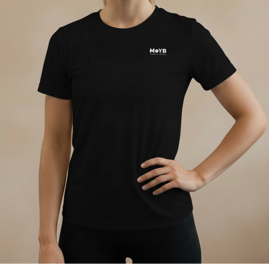 MoYB Women's Performance Tee Black — Torso Lifestyle Shot