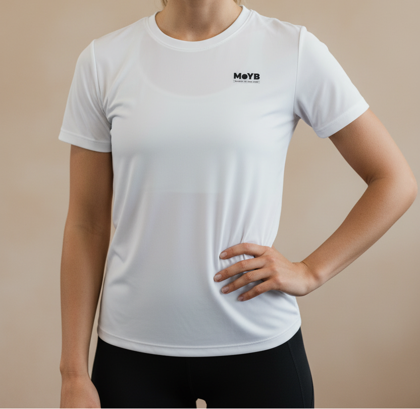 MoYB Women's Performance Tee White — Torso Lifestyle Shot