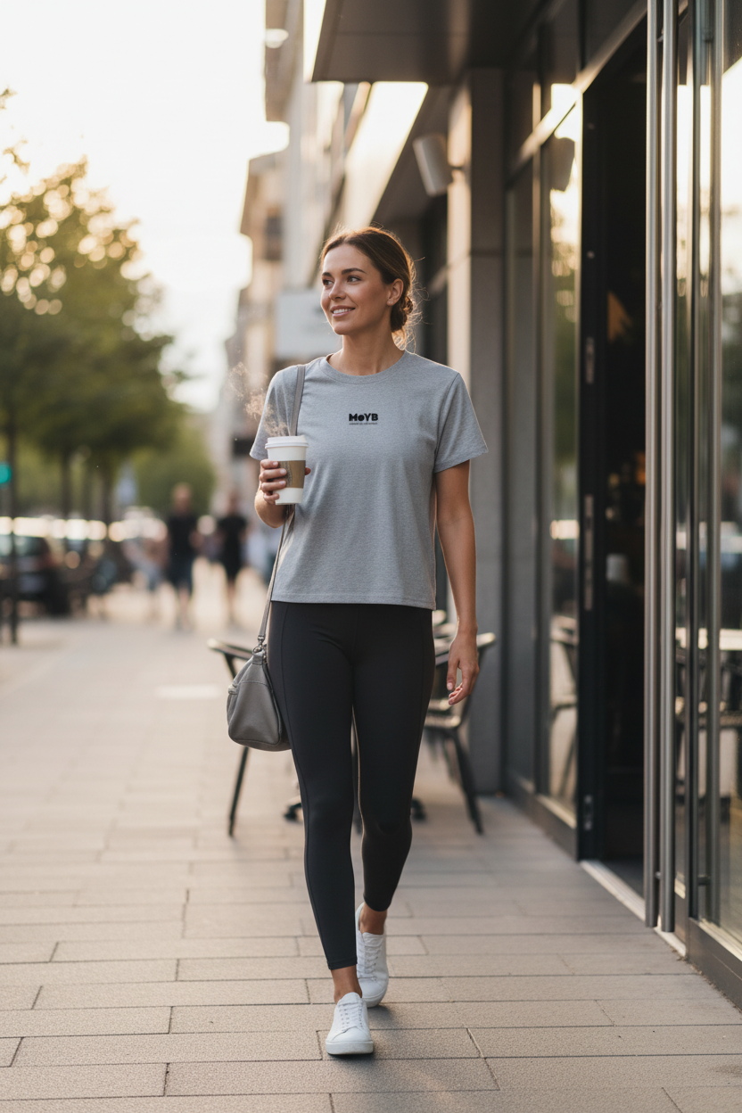 Woman on post-gym coffee run in MoYB Women's Everyday Heather Grey Tee