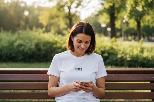 Woman sitting on park bench texting in MoYB Everyday Tee